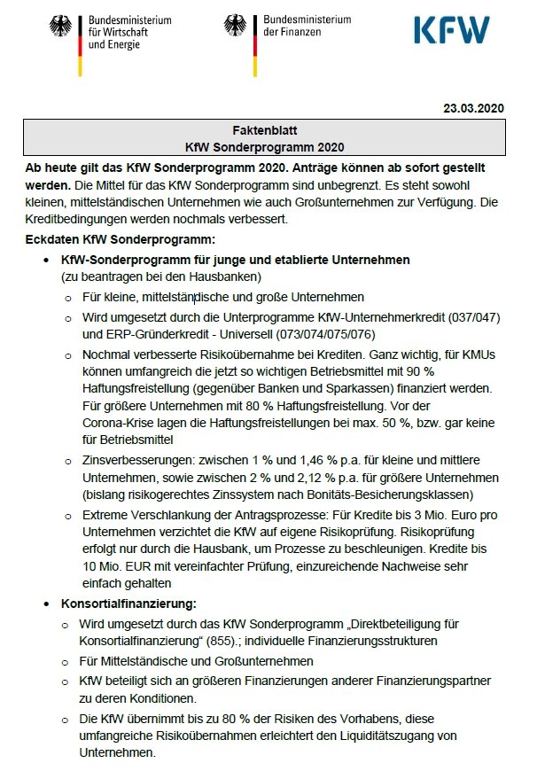 Ein Faktenblatt "KfW Sonderprogramm 2020"