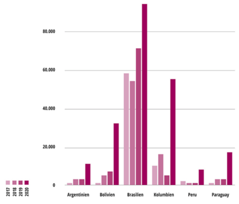 Abbildung 2: Verlust an Waldkronenbedeckung in Hektar im März 2017 bis 2020 in sechs Ländern Südamerikas  2020: Vorläufige Werte; eine Bestätigung wird anhand nachfolgender Satellitenbilder bis Oktober 2020 von der University of Maryland erwartet.