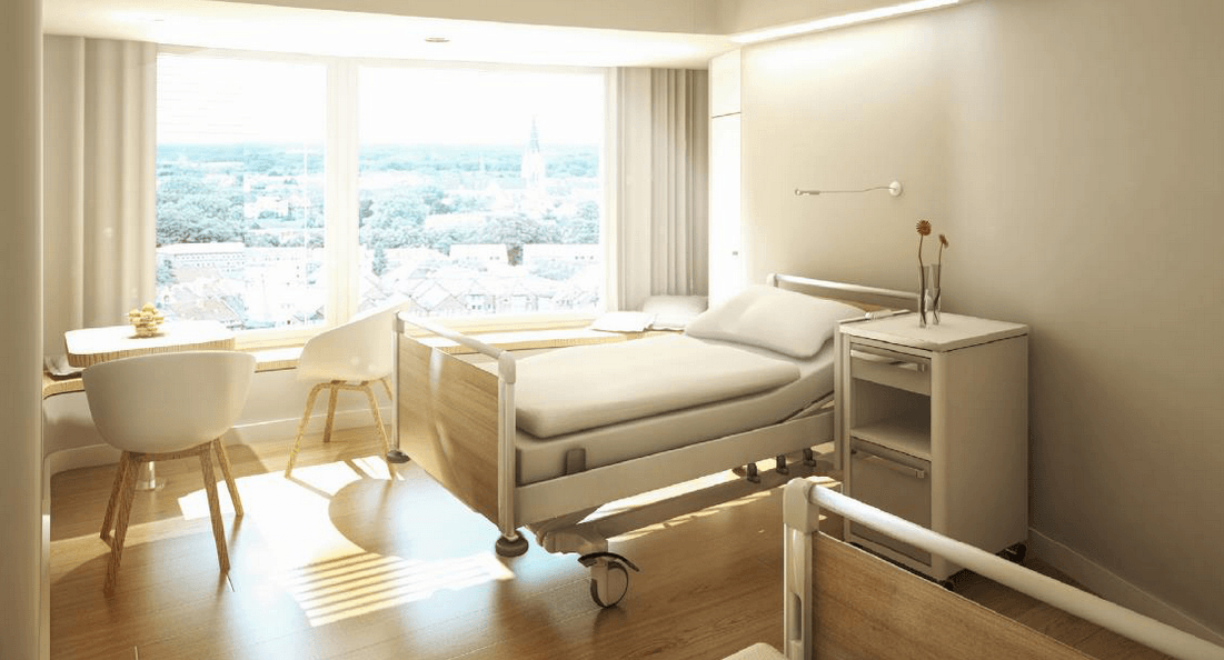Abbildung 1: So wird ein Patientenzimmer nach der Innensanierung im Zentralklinikum aussehen. (Abb. wörner traxler richter)