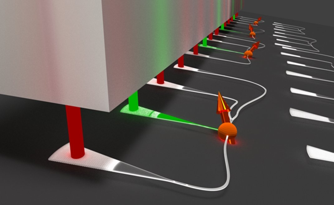 Nanophotonische Integration zur gleichzeitigen Kontrolle vieler quantenmechanischer Spins in Nanodiamanten.  Copyright:P. Schrinner/AG Schuck