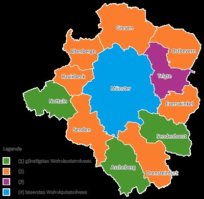 Wohnkostenniveau der Städte und Gemeinden in der Stadtregion/Darstellung und Berechnung: Quaestio/Datengrundlage: empirica-systeme/Gutachterausschüsse der Kreise Steinfurt, Coesfeld, Warendorf und der kreisfreien Stadt Münster