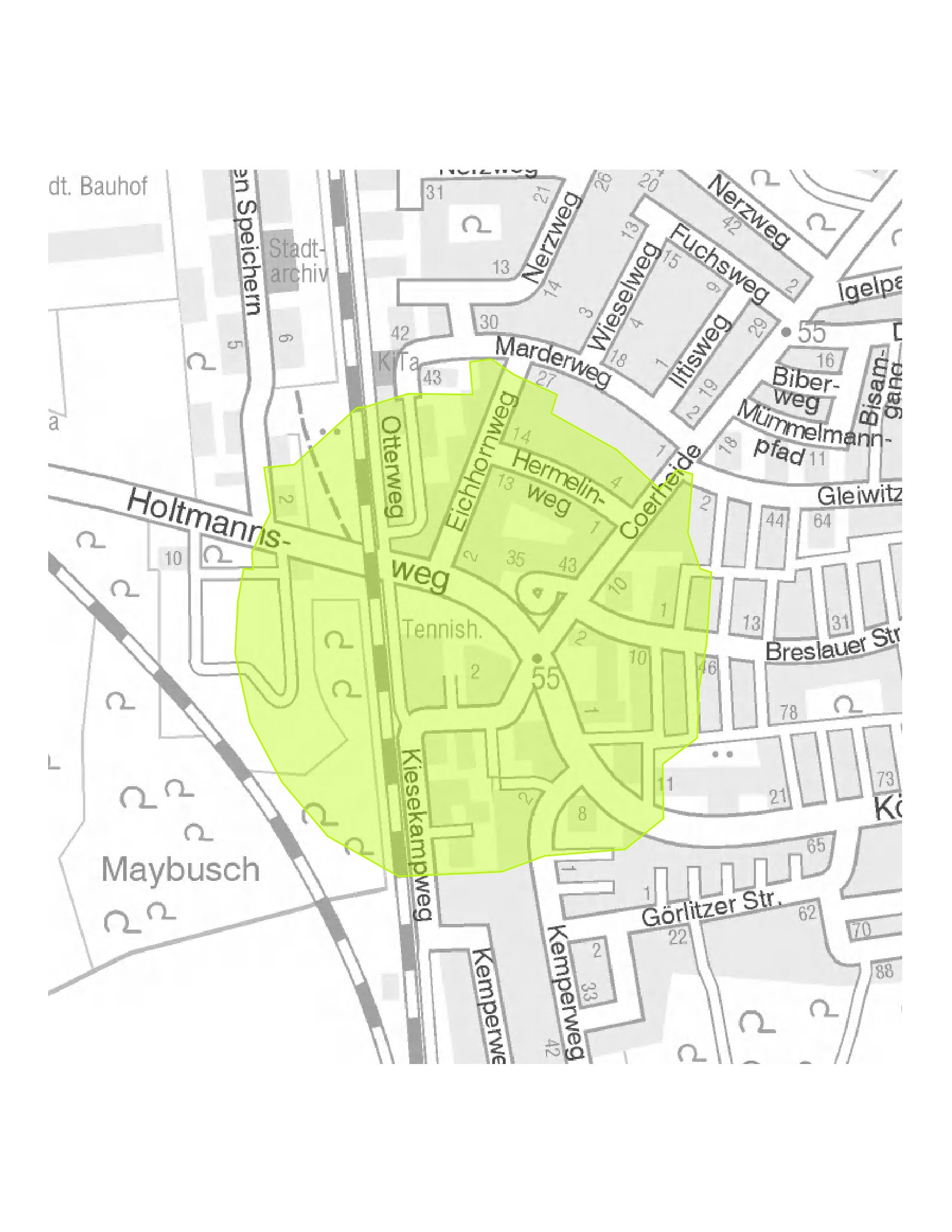 Evakuierungsbereich im 250-Meter-Radius um den Fundort Kiesekampweg. / Stadt Münster.