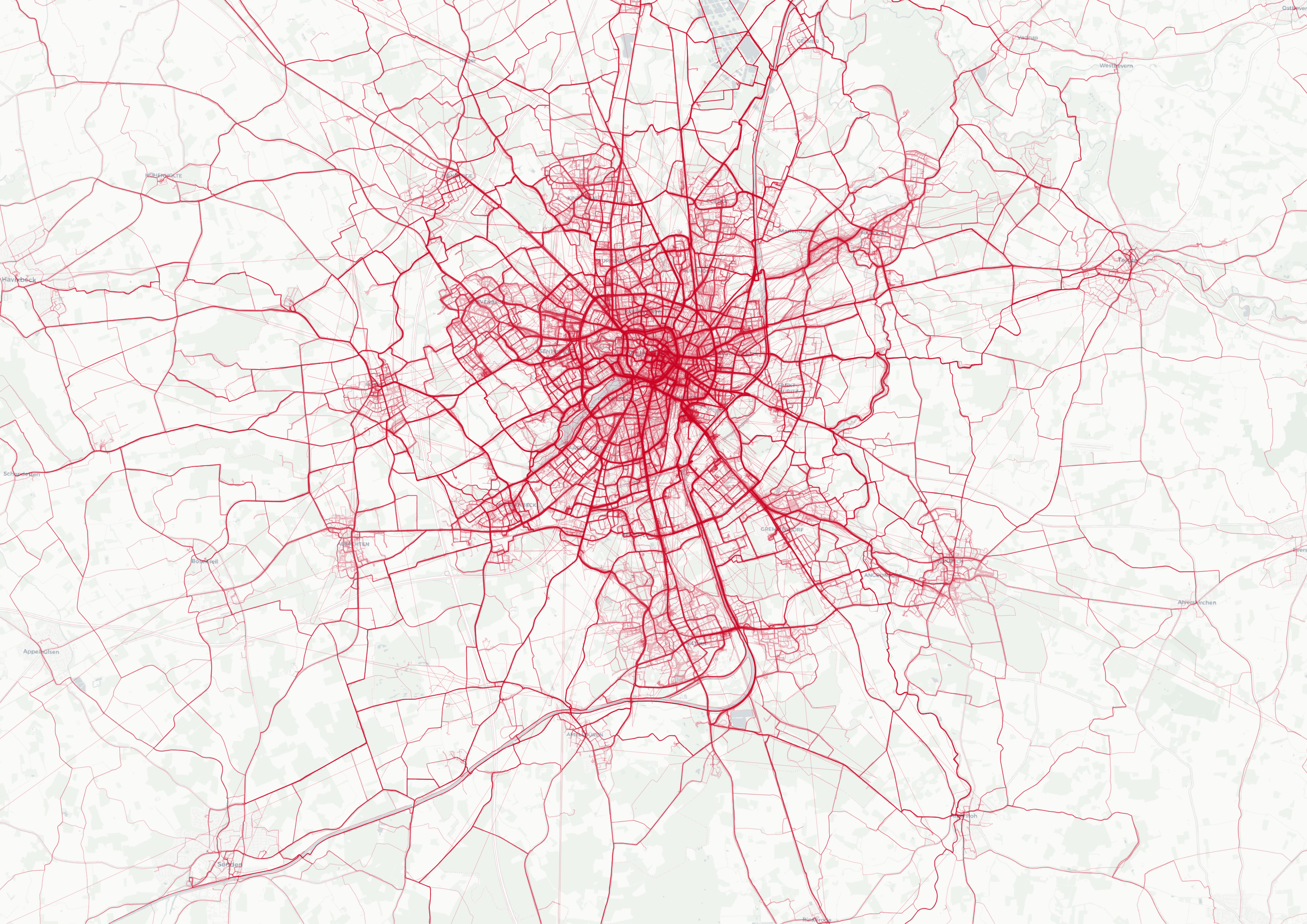 Die aus der öffentlichen Beteiligung „Dein AppGrade für Münsters Fahrradwege“ generierte „Heatmap“: Je intensiver das Rot, desto häufiger nutzten die Teilnehmerinnen und Teilnehmer die jeweiligen Strecken / Stadt Münster, Ramboll Deutschland GmbH