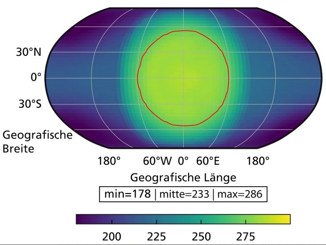 Simulierte Oberflächentemperaturkarte von Wolf 1069 b, unter der Annahme einer erdähnlichen Atmosphäre. Die Karte ist… [mehr]  © Kossakowski et al. (2023) / MPIA